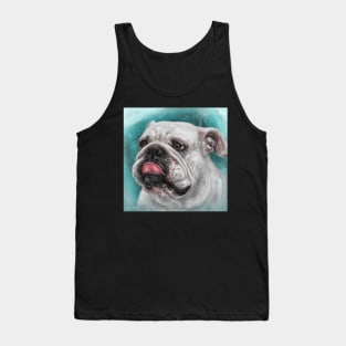 Close Up Painting of a White Bulldog With Its Tongue Out, Blue Background Tank Top